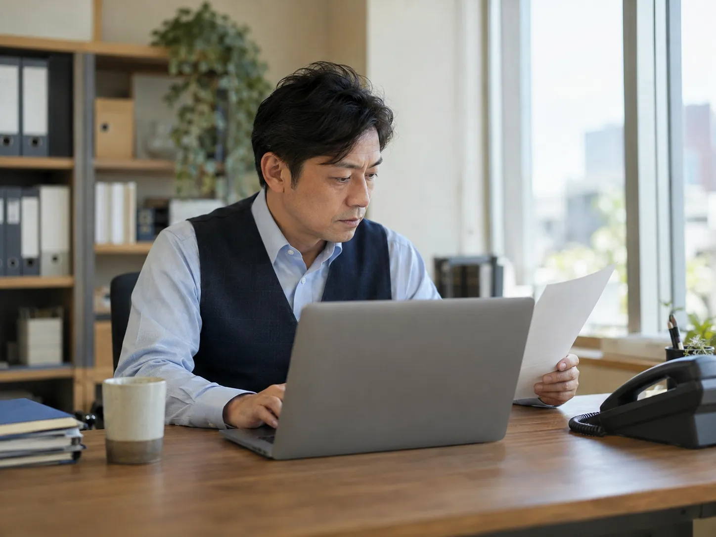 資料を見ながらパソコンで文を作る様子