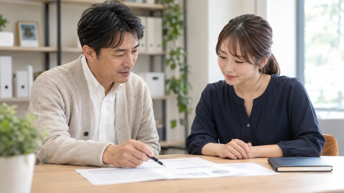 打ち合わせで書類を一緒に見る様子